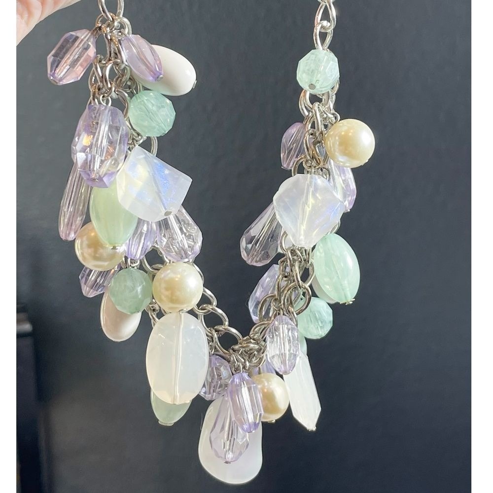 Pastel Beaded Statement Necklace Silver Chain Bib Seaglass Mermaid Y2K Chunky - Picture 8 of 10